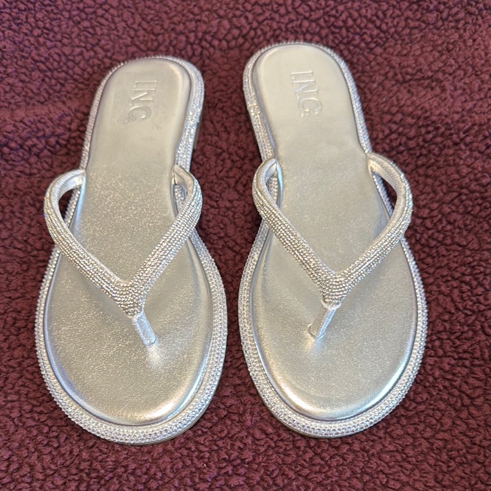 INC International Concepts Silver Rhinestone Flip Flop Sandals